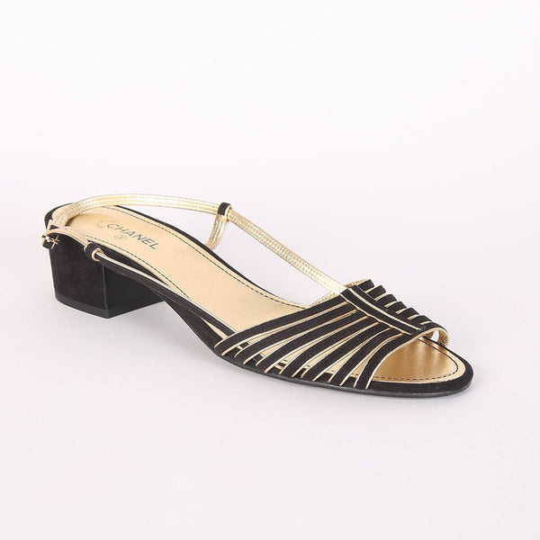 CC Strappy Low Heel Sandals 35mm Black Gold Metallic Suede