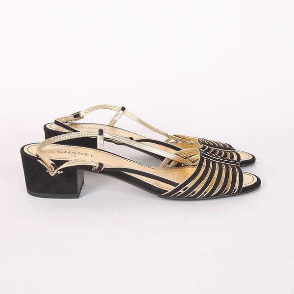 CC Strappy Low Heel Sandals 35mm Black Gold Metallic Suede