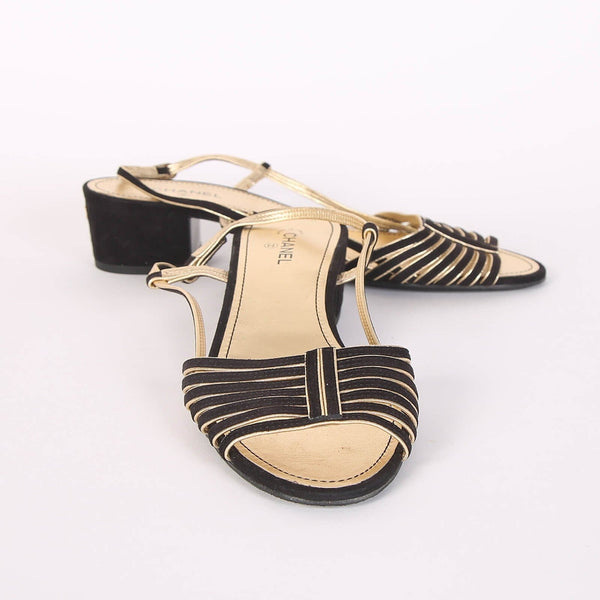 CC Strappy Low Heel Sandals 35mm Black Gold Metallic Suede