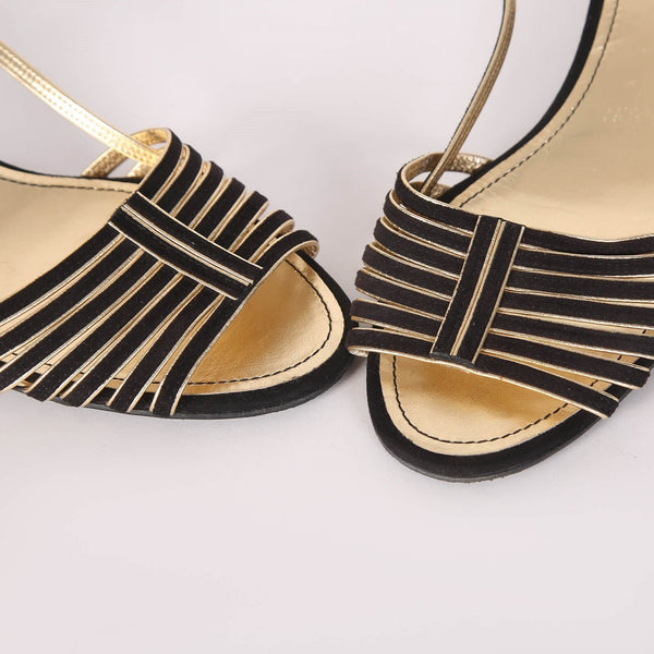 CC Strappy Low Heel Sandals 35mm Black Gold Metallic Suede