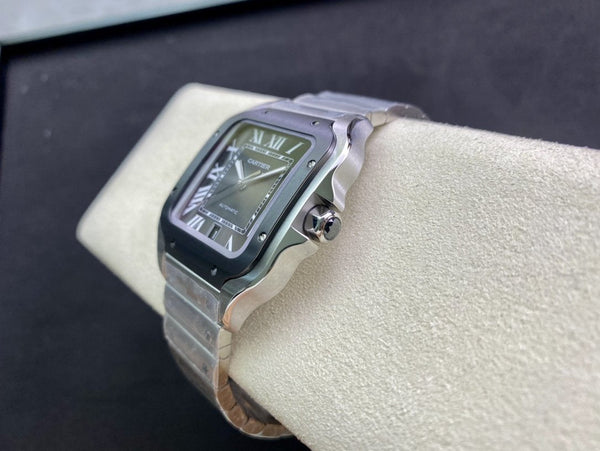 SANTOS DE CARTIE LARGE STEEL CASE BLACK BEZEL WHITE DIAL