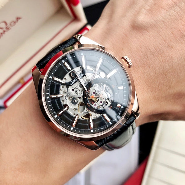 SEAMASTER SKELETON DIAL ROSE GOLD CASE LEATHER