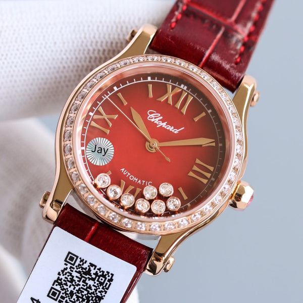 HAPPY SPORT 36MM AUTOMATIC ROSE GOLD DIAMOND BEZELRED DIAL