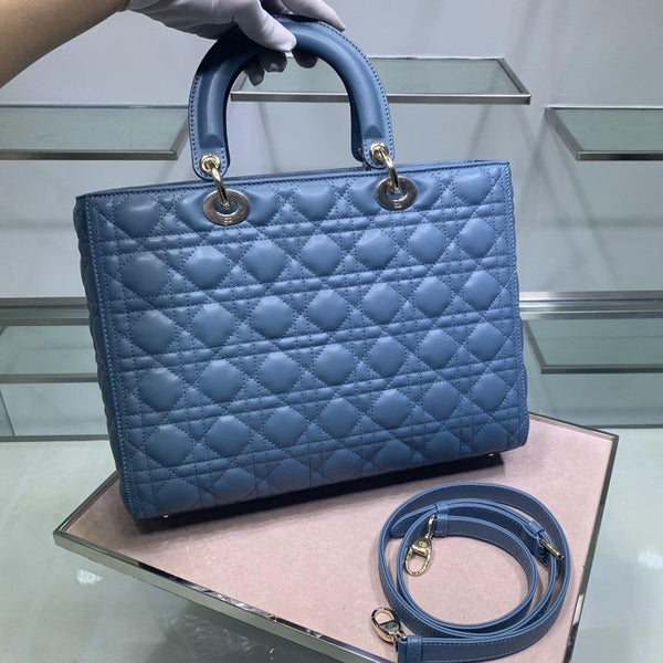 BORSA DA DONNA GRANDE 32 CM IN PELLE DI AGNELLO CANNAGE BLU