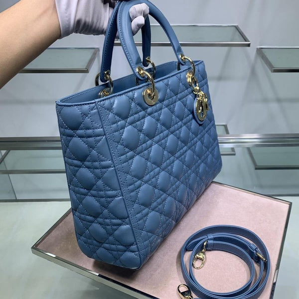 BORSA DA DONNA GRANDE 32 CM IN PELLE DI AGNELLO CANNAGE BLU