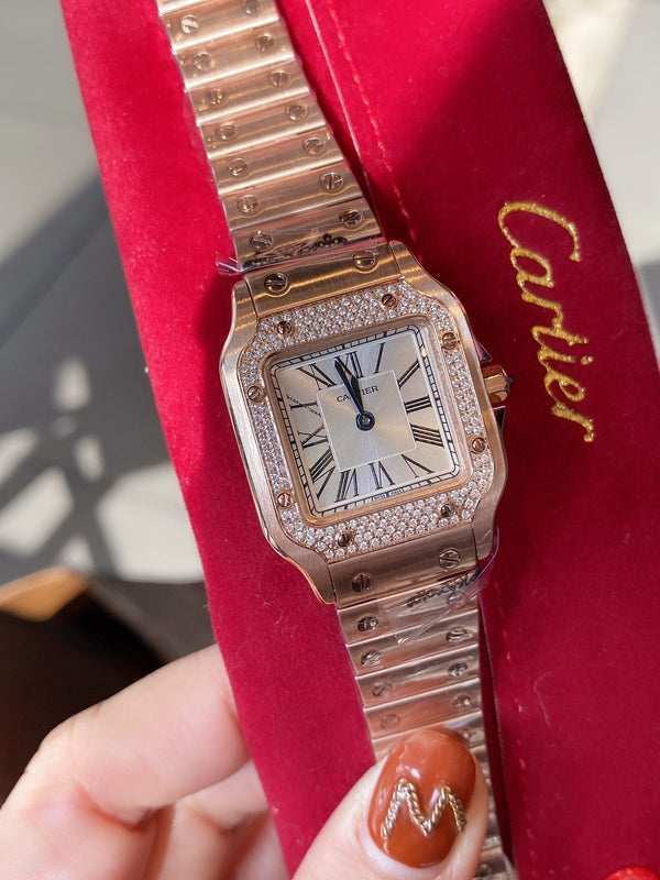 SANTOS DE CARTIE 27MM QUARZO ROSA ORO LUNETTA DIAMANTI