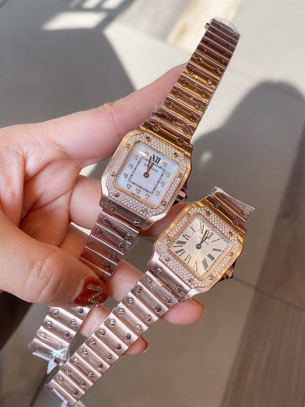 SANTOS DE CARTIE 27MM QUARZO ROSA ORO LUNETTA DIAMANTI