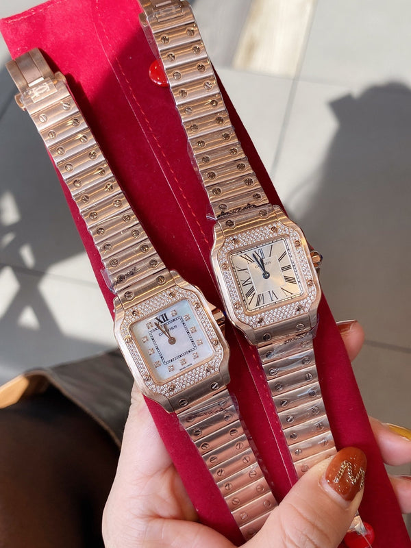 SANTOS DE CARTIE 27MM QUARZO ROSA ORO LUNETTA DIAMANTI