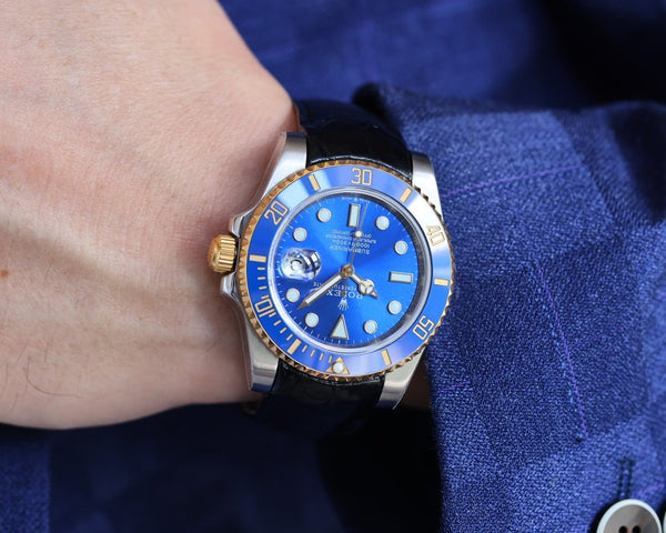 SUBMARINER DATE 40 CASSA IN ACCIAIO ORO CERAMICA BLU PELLE