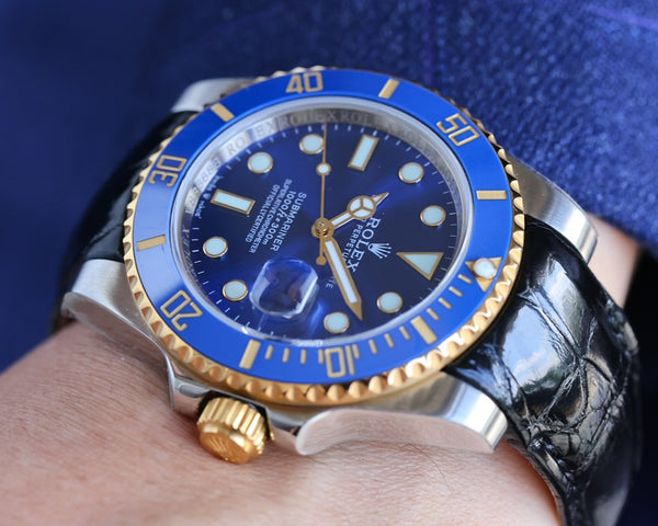 SUBMARINER DATE 40 CASSA IN ACCIAIO ORO CERAMICA BLU PELLE