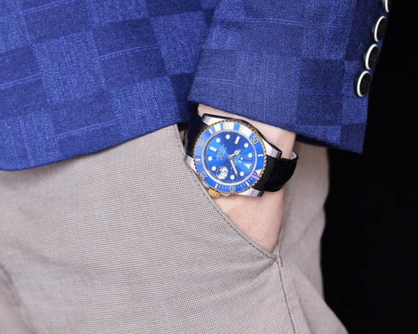 SUBMARINER DATE 40 CASSA IN ACCIAIO ORO CERAMICA BLU PELLE