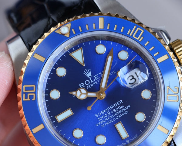 SUBMARINER DATE 40 CASSA IN ACCIAIO ORO CERAMICA BLU PELLE