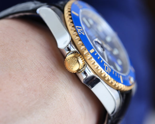 SUBMARINER DATE 40 CASSA IN ACCIAIO ORO CERAMICA BLU PELLE