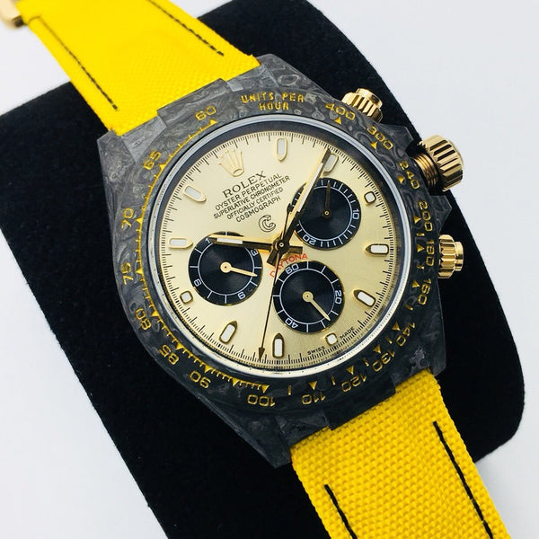 DAYTONA 40MM CUSTOM CARBON FILBER CREAM DIAL YELLOW TEXTILE