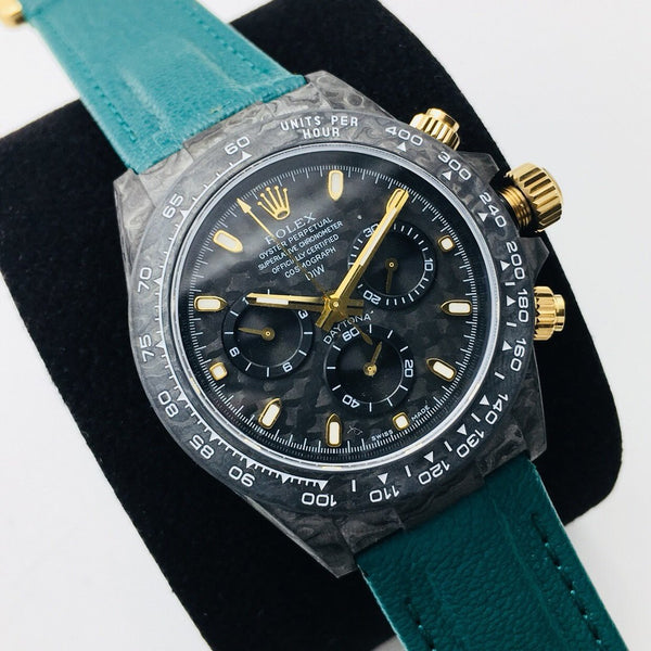 DAYTONA 40MM CUSTOM CARBON FILBER BLACK DIAL NAVY LEATHER