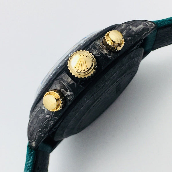 DAYTONA 40MM CUSTOM CARBON FILBER BLACK DIAL NAVY LEATHER