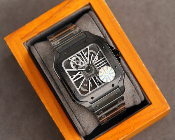 SANTOS DE CARTIE STAINLES STEEL SKELETON DIAL ALL BLACK