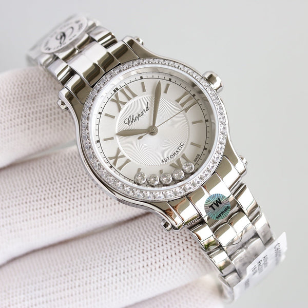 HAPPY SPORT 33MM QUARZ WHITE DIAL DIAMOND BEZEL