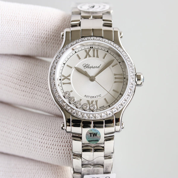 HAPPY SPORT 33MM QUARZ WHITE DIAL DIAMOND BEZEL