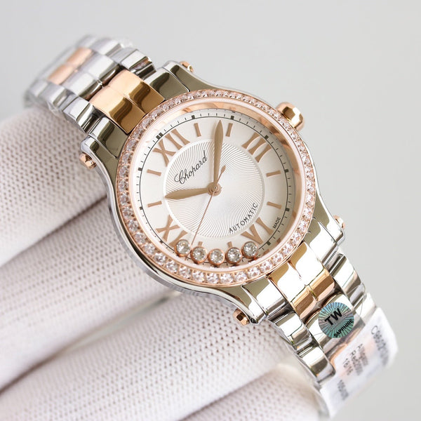 HAPPY SPORT 33MM QUARZ WHITE DIAL DIAMOND BEZEL