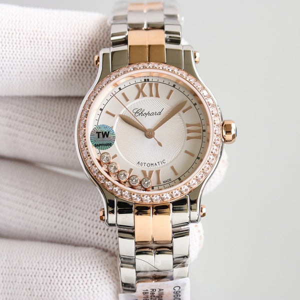 HAPPY SPORT 33MM QUARZ WHITE DIAL DIAMOND BEZEL