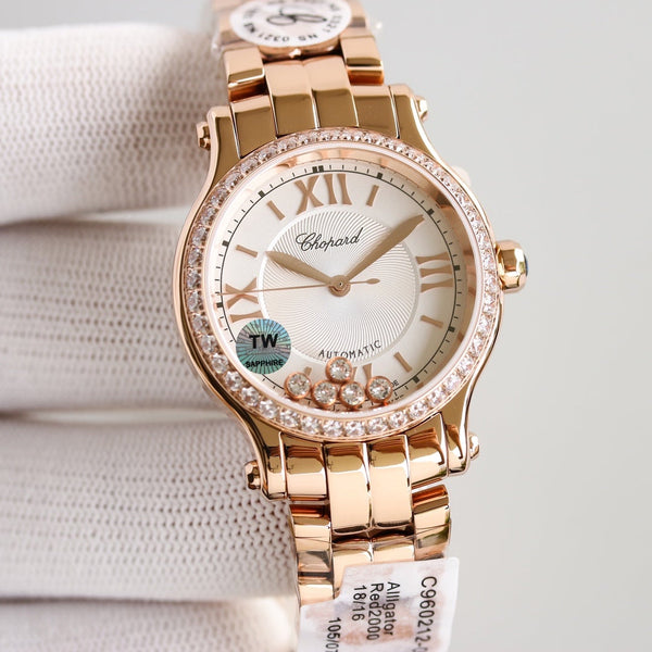 HAPPY SPORT 33MM QUARZ WHITE DIAL DIAMOND BEZEL