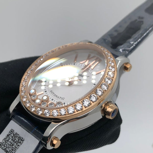 HAPPY SPORT ROSE GOLD STEEL DIAMOND BEZEL LEATHER