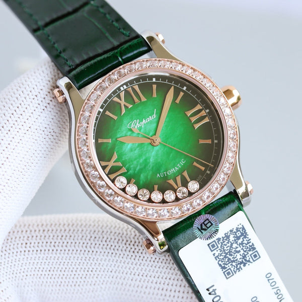 HAPPY SPORT 36MM ROSE GOLD DIAMOND BEZEL GREEN DIAL