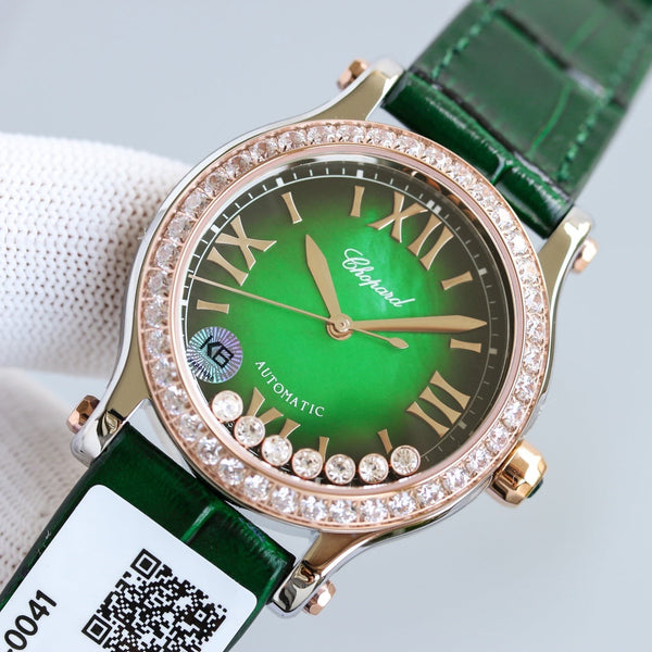 HAPPY SPORT 36MM ROSE GOLD DIAMOND BEZEL GREEN DIAL