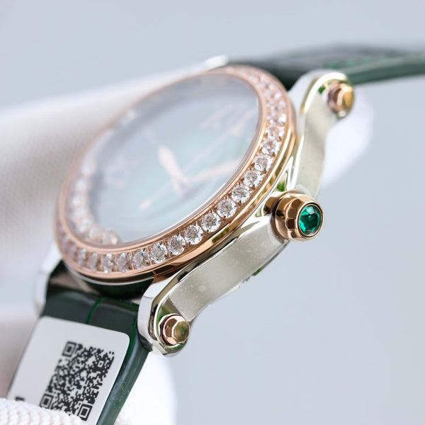 HAPPY SPORT 36MM ROSE GOLD DIAMOND BEZEL GREEN DIAL
