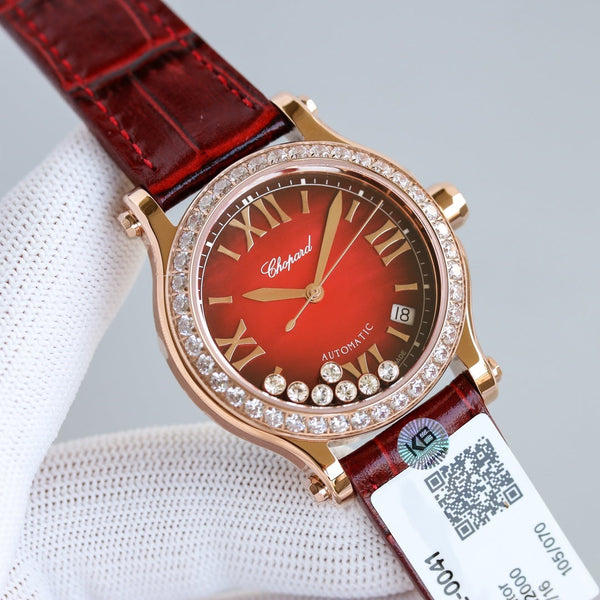 HAPPY SPORT 36MM ORO ROSA LUNETTA DIAMANTI QUADRANTE ROSSO