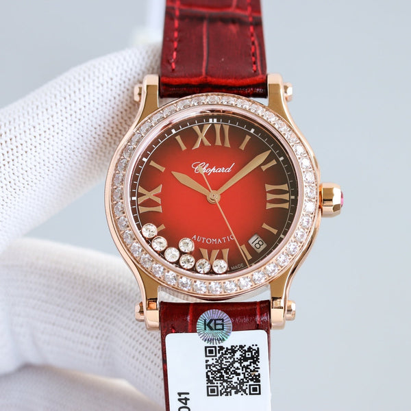 HAPPY SPORT 36MM ORO ROSA LUNETTA DIAMANTI QUADRANTE ROSSO