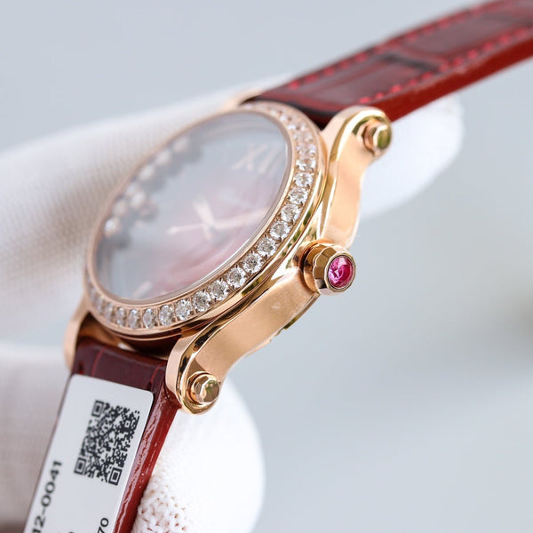 HAPPY SPORT 36MM ORO ROSA LUNETTA DIAMANTI QUADRANTE ROSSO