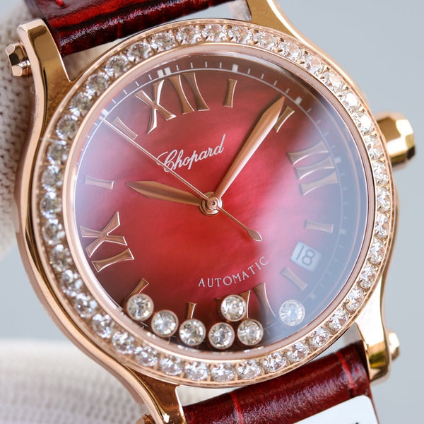 HAPPY SPORT 36MM ORO ROSA LUNETTA DIAMANTI QUADRANTE ROSSO