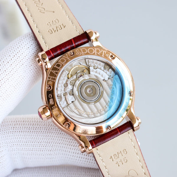 HAPPY SPORT 36MM ORO ROSA LUNETTA DIAMANTI QUADRANTE ROSSO