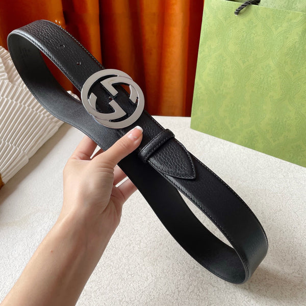 GG BELT INTERLOCKING G BUCKLE BLACK LEATHER