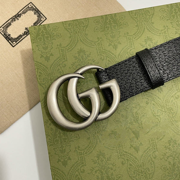 DOUBLE G SILVER BUCKLE 40MM BLACK LEATHER