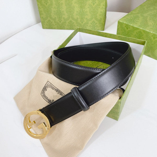 FIBBIA INTERLOCKING G GOLD 40MM PELLE NERA