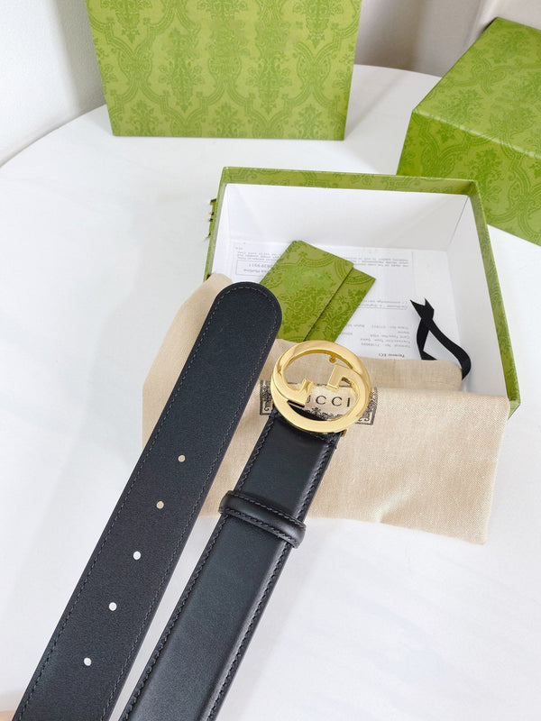 FIBBIA INTERLOCKING G GOLD 40MM PELLE NERA