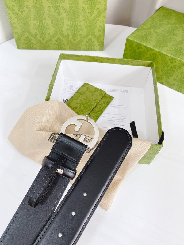 FIBBIA INTERLOCKING G ARGENTO 40MM PELLE NERA