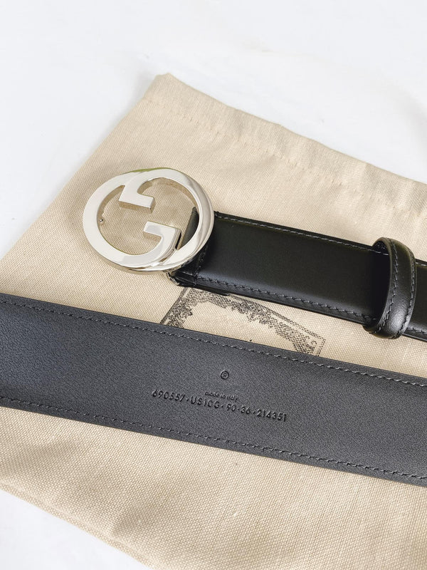 FIBBIA INTERLOCKING G ARGENTO 40MM PELLE NERA