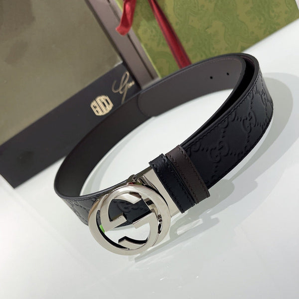 INTERLOCKING G SILVER BUCKLE 37MM BLACK BROWN LEATHER