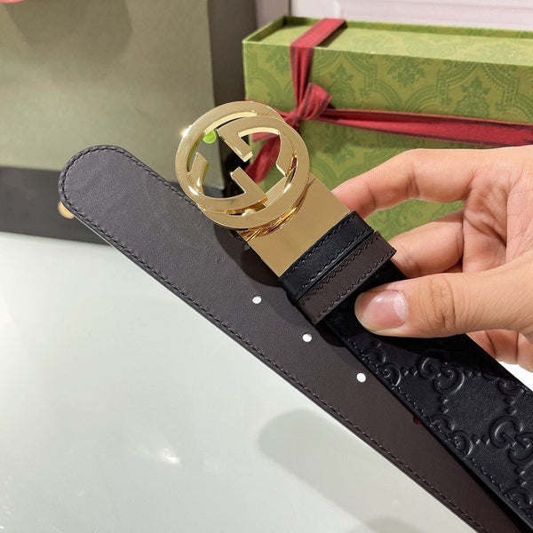 INTERLOCKING G GOLD BUCKLE 37MM BLACK BROWN LEATHER