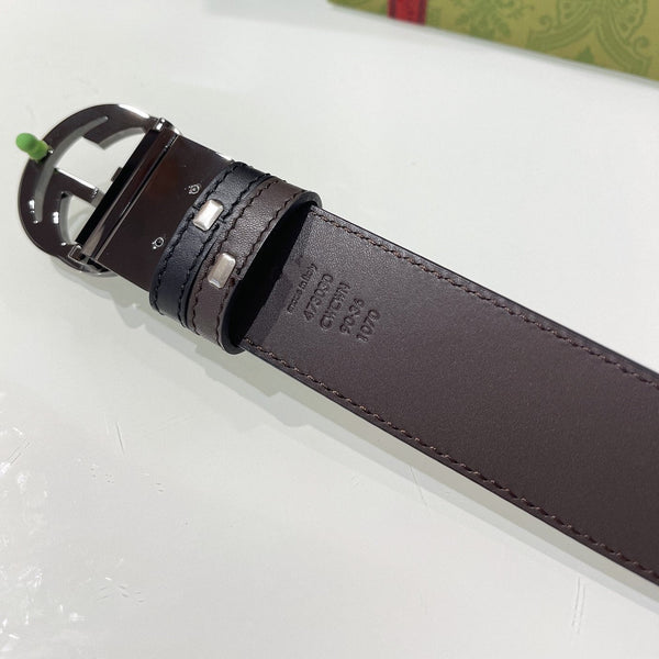 INTERLOCKING G GREY BUCKLE 37MM BLACK BROWN LEATHER