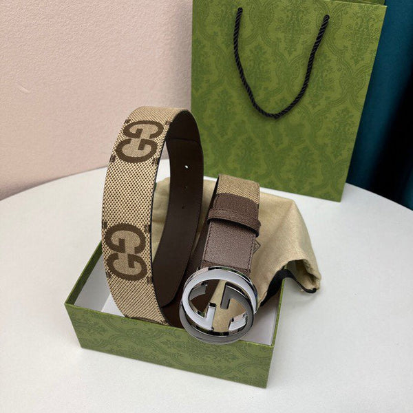 FIBBIA INTERLOCKING G NERO ARGENTO 40MM TELA BEIGE