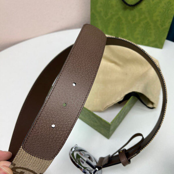 FIBBIA INTERLOCKING G NERO ARGENTO 40MM TELA BEIGE