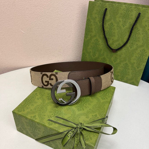 FIBBIA INTERLOCKING G NERO ARGENTO 40MM TELA BEIGE