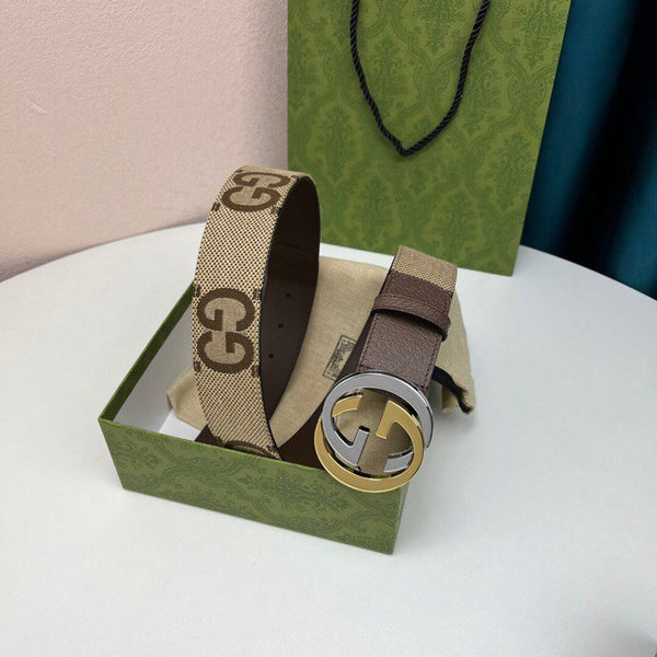 INTERLOCKING G GOLD GREY BUCKLE 40MM BEIGE CANVAS
