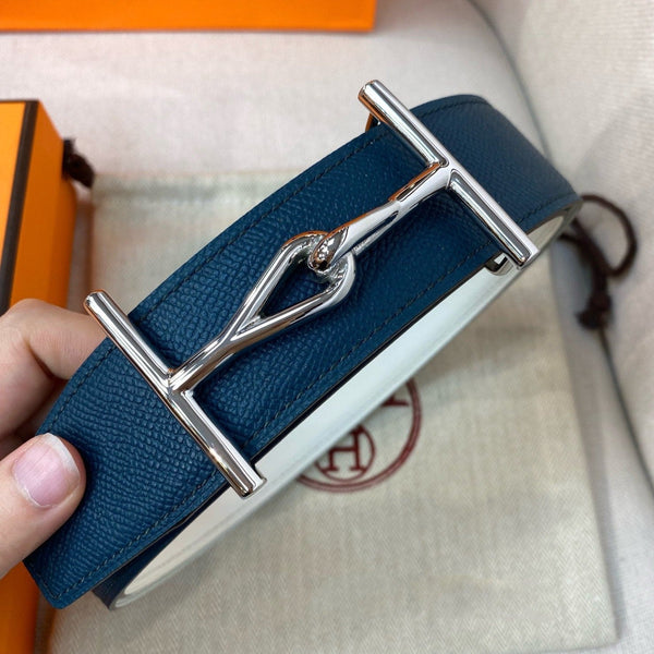 H JUMBO BELT 38MM SILVER BUCKLE BLUE WHITE LEATHER