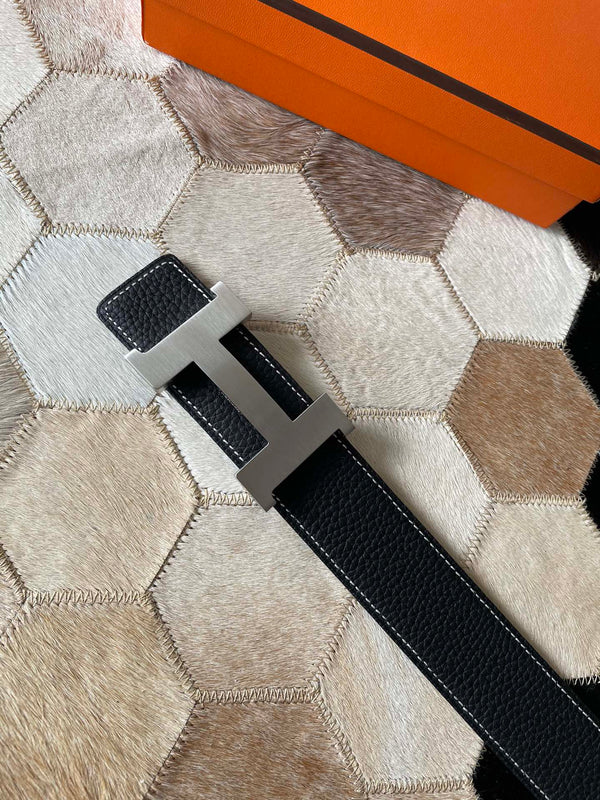 H CONTANCE BELT 38MM SILVER BUCKLE BLACK LEATHER